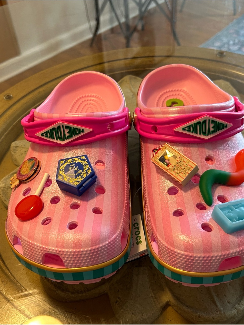 CROCS Pink Striped Clogs with Colorful Jibbitz Charms